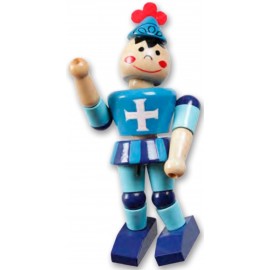 zoom sur personnage en bois articulé bleu motif templier