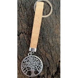 Porte-clé en liège naturel avec pendentif métalique arbre cercle métal.