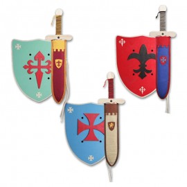 assortiment de 3 sets templier grand modèle avec bouclier, épée et fourreau. 3 coloris : vert, rouge et bleu