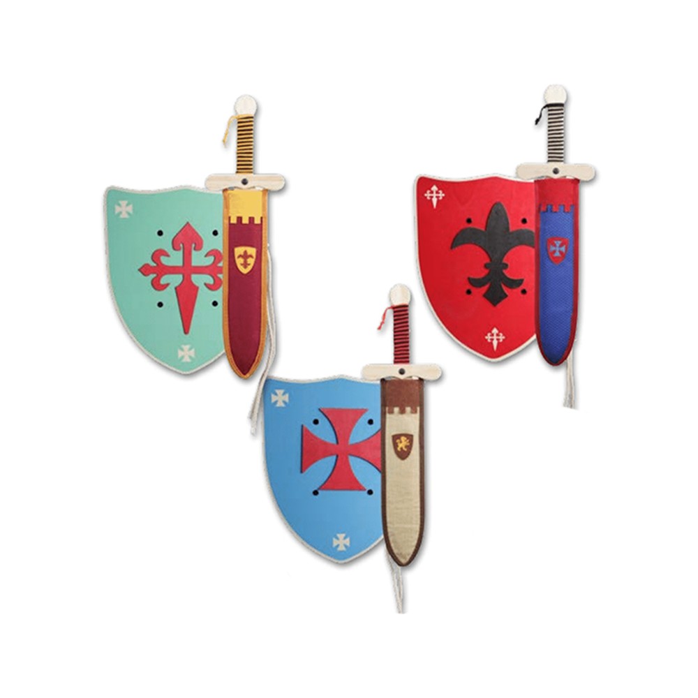 assortiment de 3 sets templier grand modèle avec bouclier, épée et fourreau. 3 coloris : vert, rouge et bleu