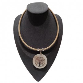 Collier liège avec cercle de nacre, motif arbre de vie.