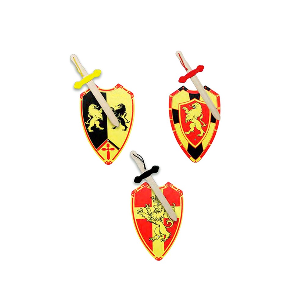 set motif lion de 3 modèles assortis, épée et bouclier en bois coloris rouge, jaune et noir