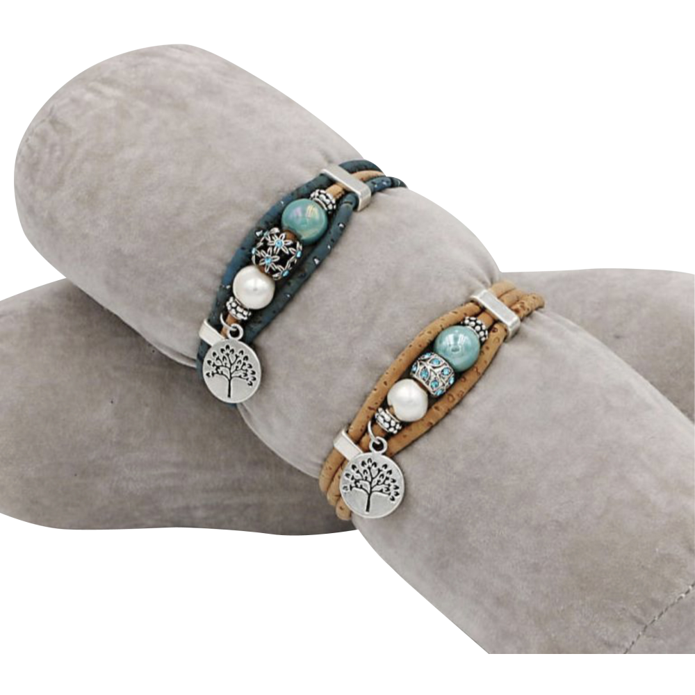 2 bracelets en liège naturel avec trois perles centrées 2 bracelets en liège naturel avec trois perles centrées
