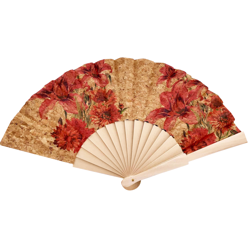Éventail en liège naturel avec motifs floraux de couleurs rouges. Éventail en liège naturel avec motifs floraux de couleurs rouges.
