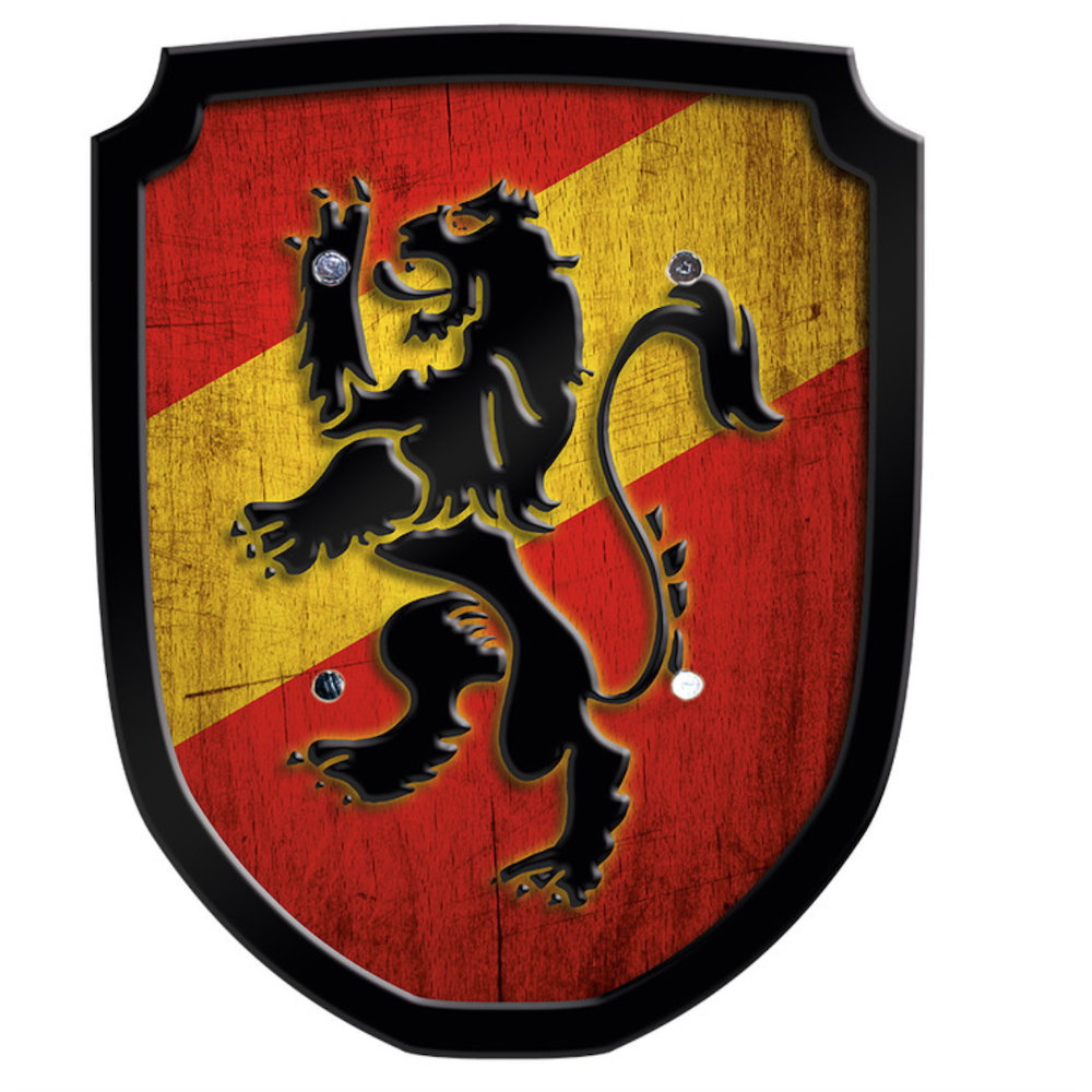 bouclier bois vieilli sérigraphié lion noir - vue de face bouclier bois vieilli sérigraphié lion noir - vue de face