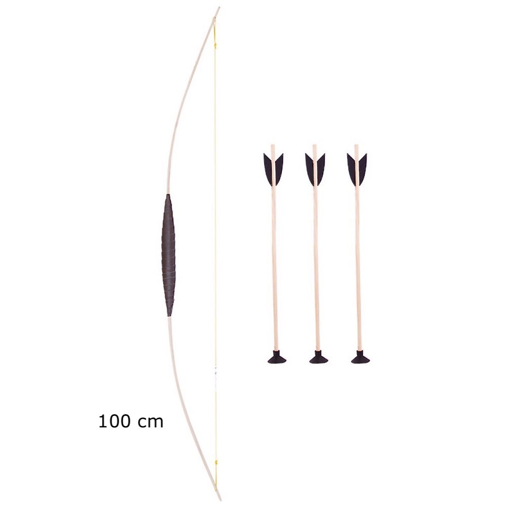 arc en bois d'orme de 100 cm avec une poignée simili cuir et ses 3 flèches