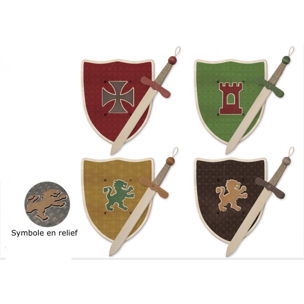 set médiéval assortiment de 4 modèles et coloris : rouge, vert, jaune et marron avec symbole en relief