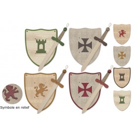 assortiment de set médiéval en bois veiné épée et bouclier