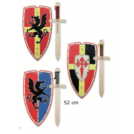 assortiment de 3 sets assortis dragon : épée + bouclier en bois, coloris : rouge, bleu, jaune et noir