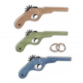 assortiment de pistolet élastiques différents coloris: vert, bleu et bois naturel