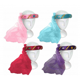 assortiment de 4 coiffes colorées : rouge, rose, violet et bleu avec décoration dorée