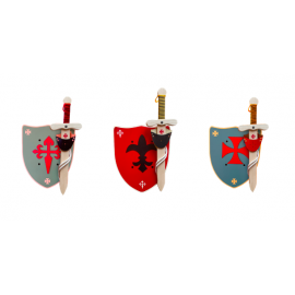 set de 3 boucliers et épées templier - coloris différents : bleu, rouge et vert