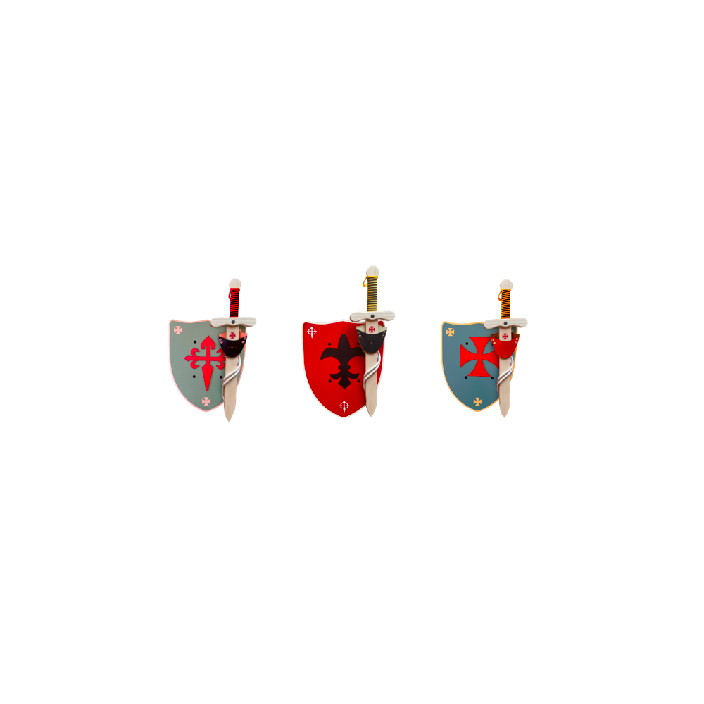 set de 3 boucliers et épées templier - coloris différents : bleu, rouge et vert set de 3 boucliers et épées templier - coloris différents : bleu, rouge et vert