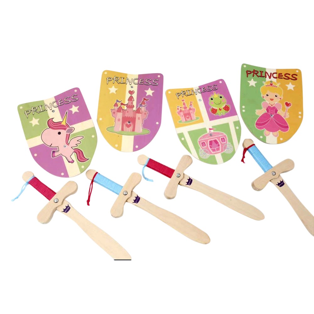 assortiment de mini-set princesse avec épée et bouclier en bois assortiment de mini-set princesse avec épée et bouclier en bois