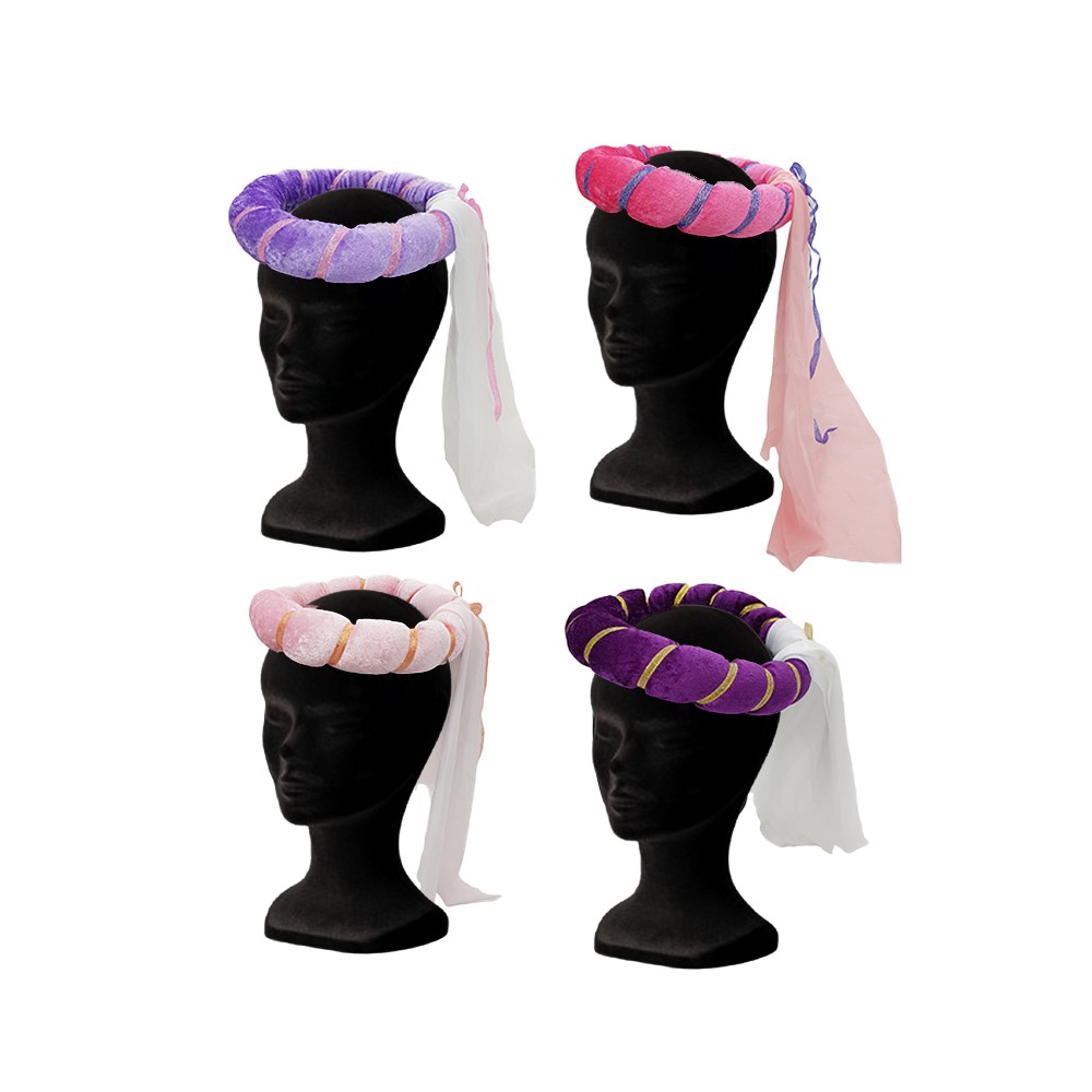 assortiment 4 coiffes princesse luxe avec 4 couleurs: rose clair, rose vif, violet et parme avec ruban  dorée