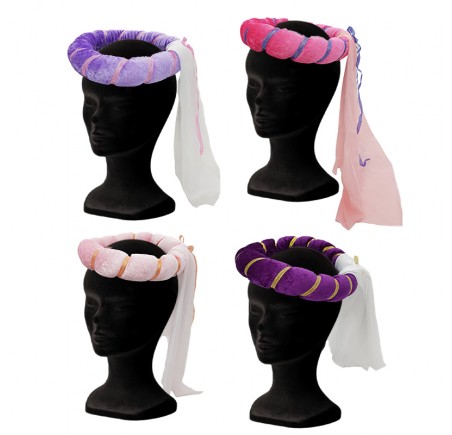 assortiment 4 coiffes princesse luxe avec 4 couleurs: rose clair, rose vif, violet et parme avec ruban  dorée